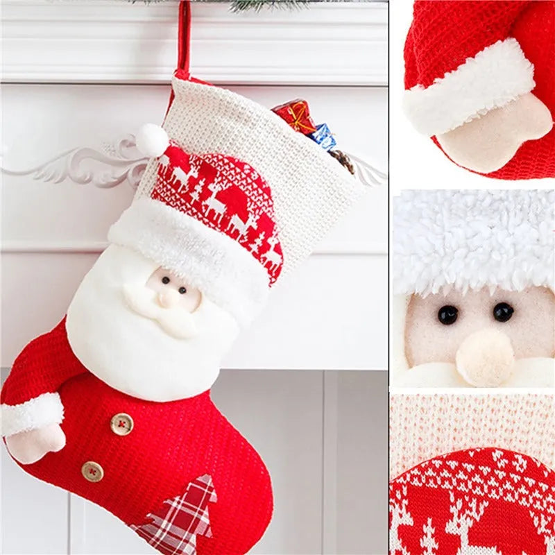Large red and white knitted Christmas stocking with Santa Claus design hanging on a fireplace