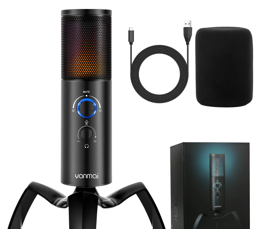 Black Q18 USB condenser microphone with RGB light on adjustable tripod stand.