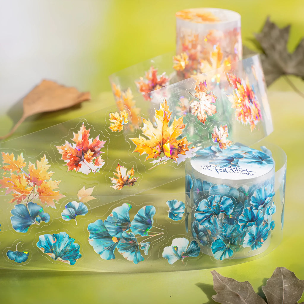 Roll of 40mm wide decorative stickers with autumn leaf designs including ginkgo and maple, 2 metres in length.
