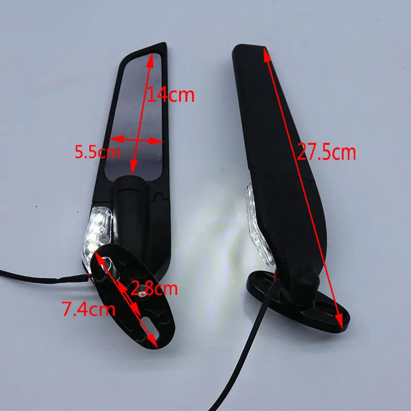 Pair of yellow SH-620-5 aluminium alloy motorcycle mirror spoilers with convex glass and integrated running lights