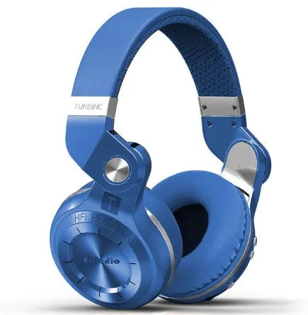 Bluedio T2+ wireless Bluetooth headphones in blue with on-ear design showing 57mm drivers