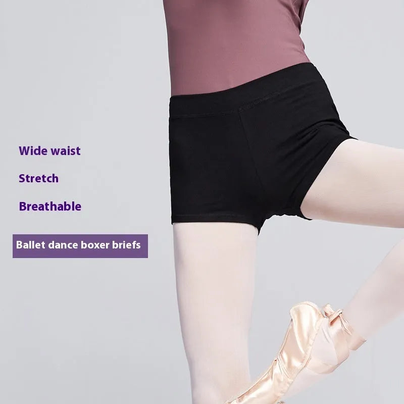 Black women's cotton dance shorts for ballet practice and fitness exercise.