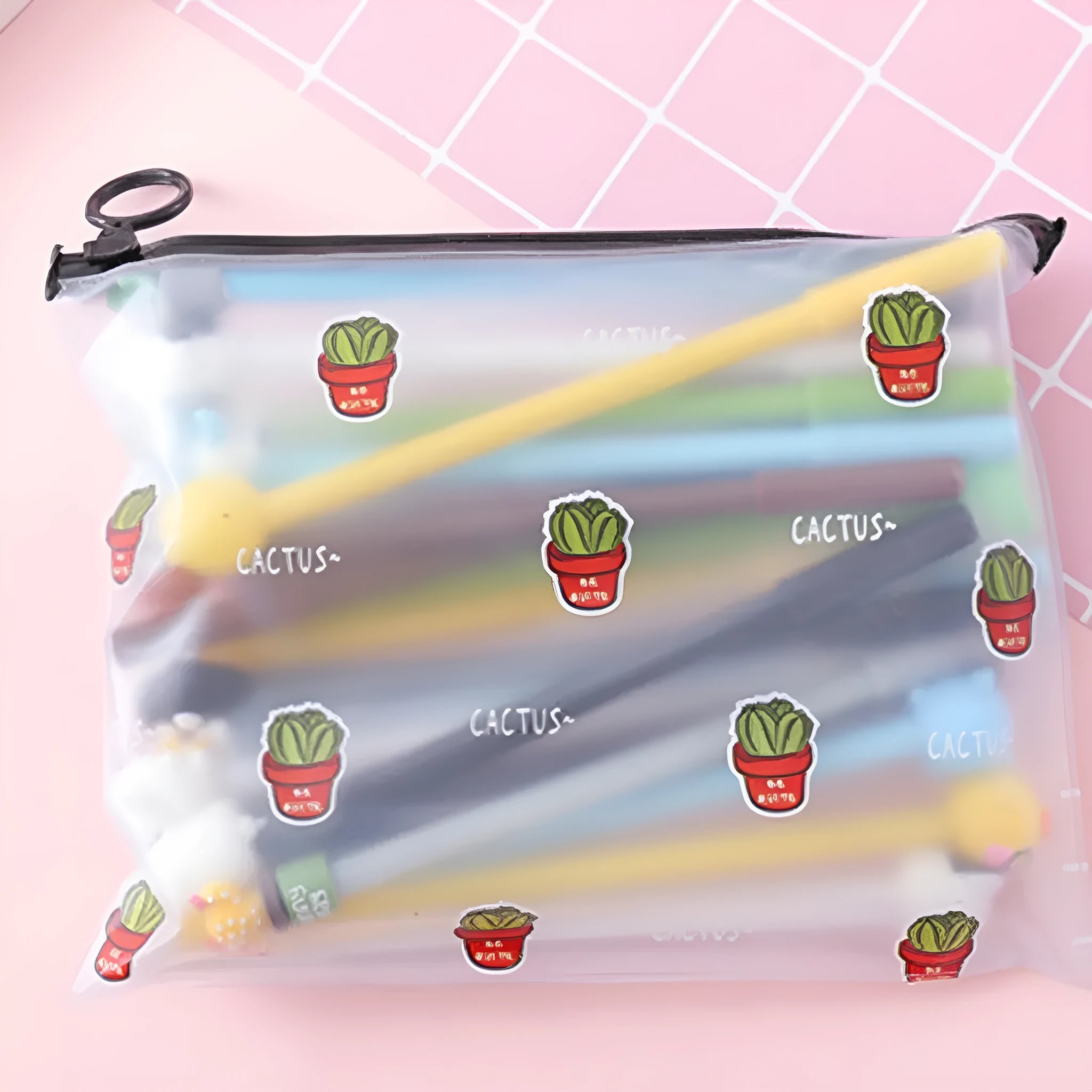 Marvel cartoon cactus pen case open showing 20 black 0.5mm gel ink pens with various cactus designs