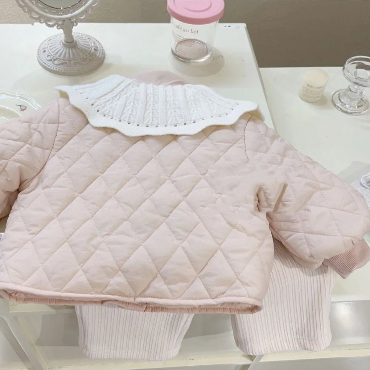 Girls' Cotton-Padded Quilted Winter Coat Classic Style Cream Powder Polyester Fabric Suitable Height 80-130cm Warm Outerwear for Daily Wear