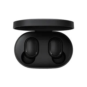 Redmi AirDots 2 black true wireless earphones and charging case on a white background.