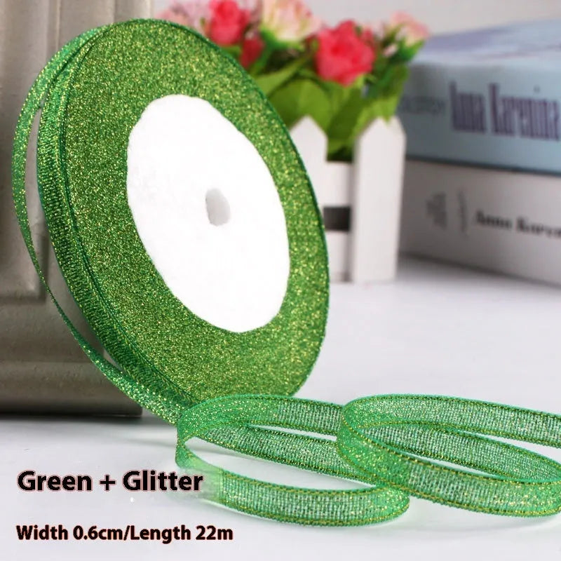 0.6cm wide polyester gift packaging ribbon roll in multiple colour options including gold leaf and jade pink