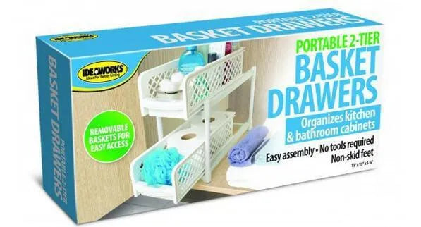 White two-tier plastic storage rack, 41.5 x 19.3 x 9.3 cm, for desktop use in bathroom or kitchen.