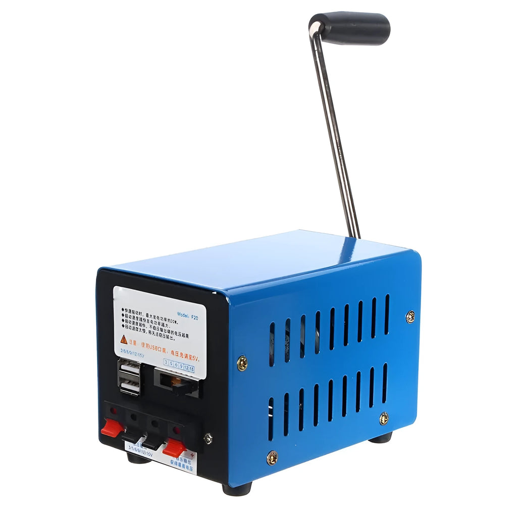 Blue metal hand crank emergency USB generator with anti-slip pads, showing compact size.