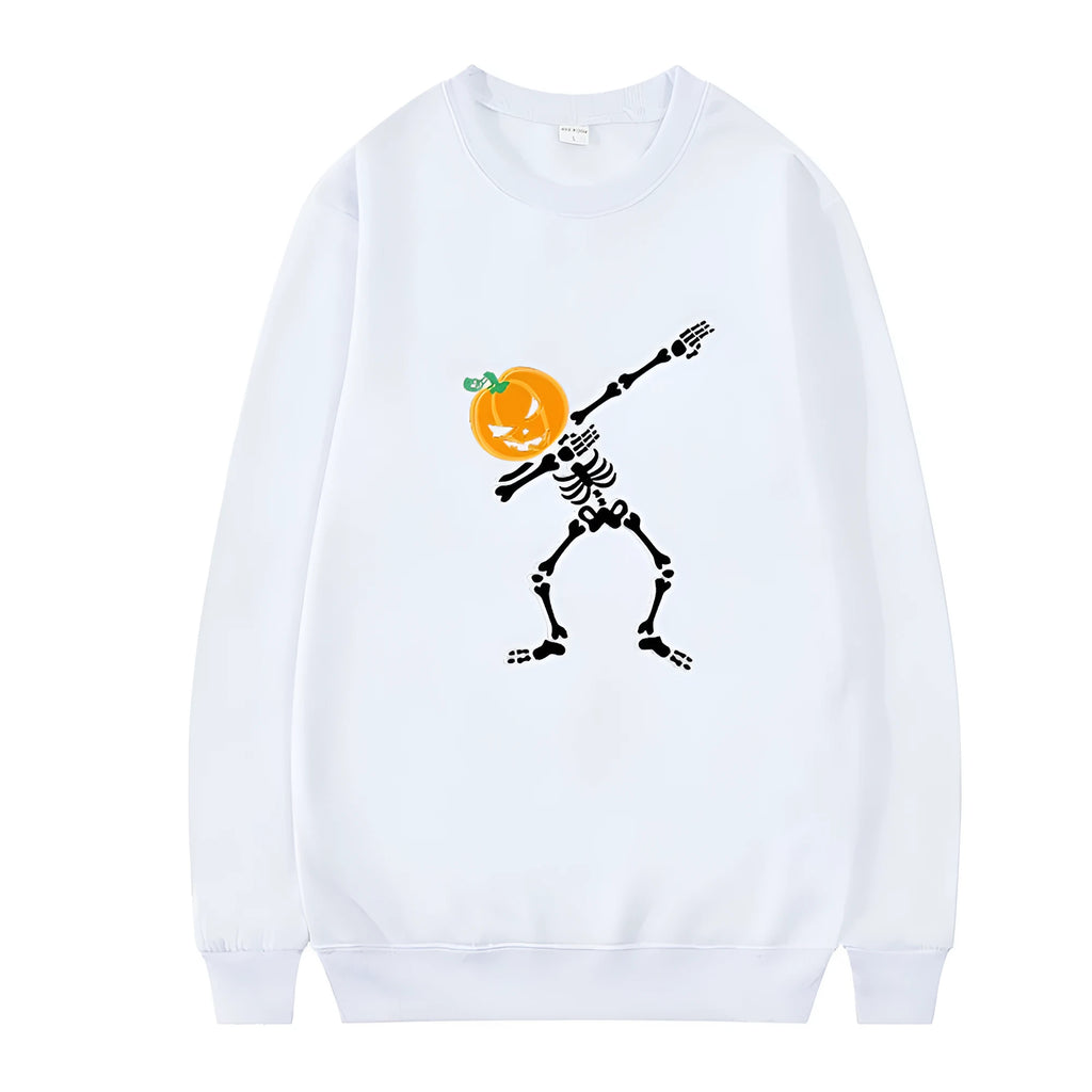 Women's black printed crew neck long sleeve cotton sweatshirt on a hanger.