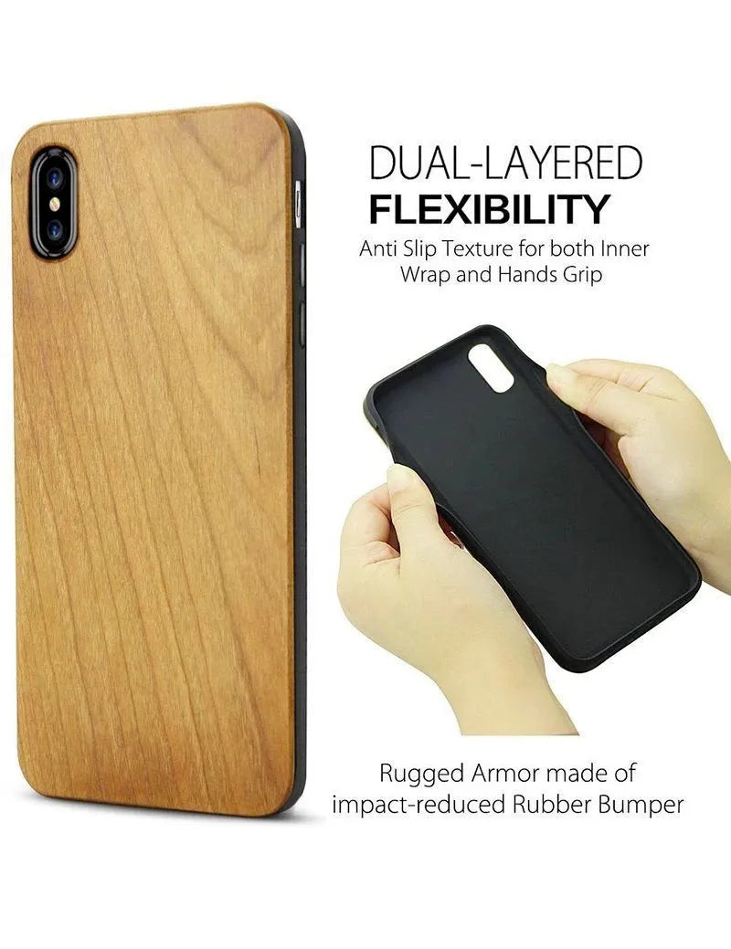 Wooden phone case with natural wood back and black TPU bumper showing iPhone compatibility