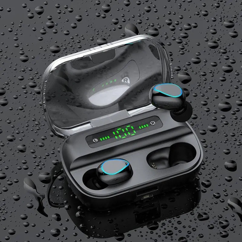 Black wireless Bluetooth stereo headset with earplug design.