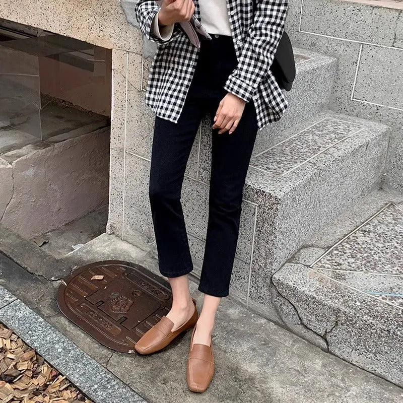 Black composite velvet straight leg pants with pockets for women commute style