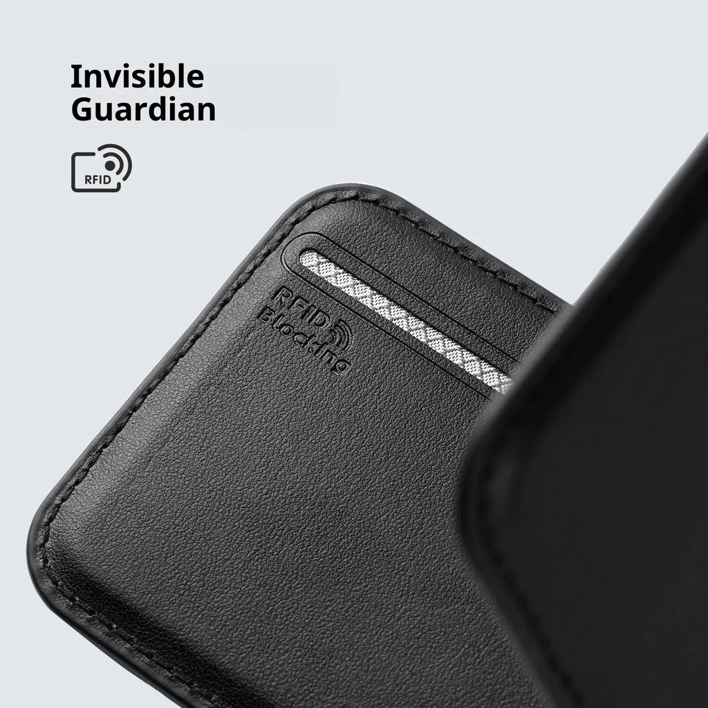 Magnetic phone stand wallet in solid colour with card slots, dark blue finish