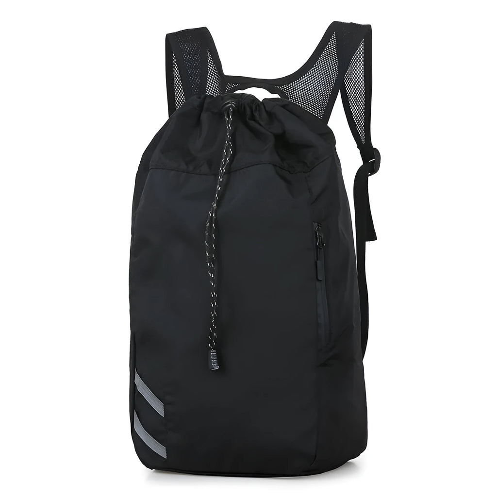 Black nylon backpack gym bag, 30 x 17 x 56cm, with zip pocket and three carry modes
