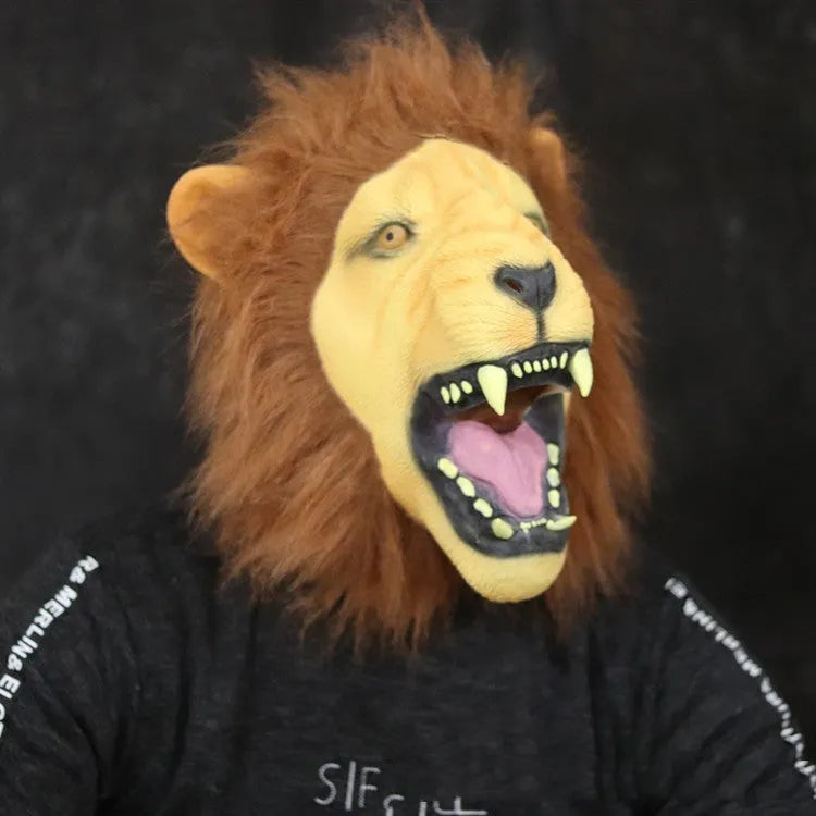 Open mouth lion latex Halloween mask in realistic animal style for adult costume parties
