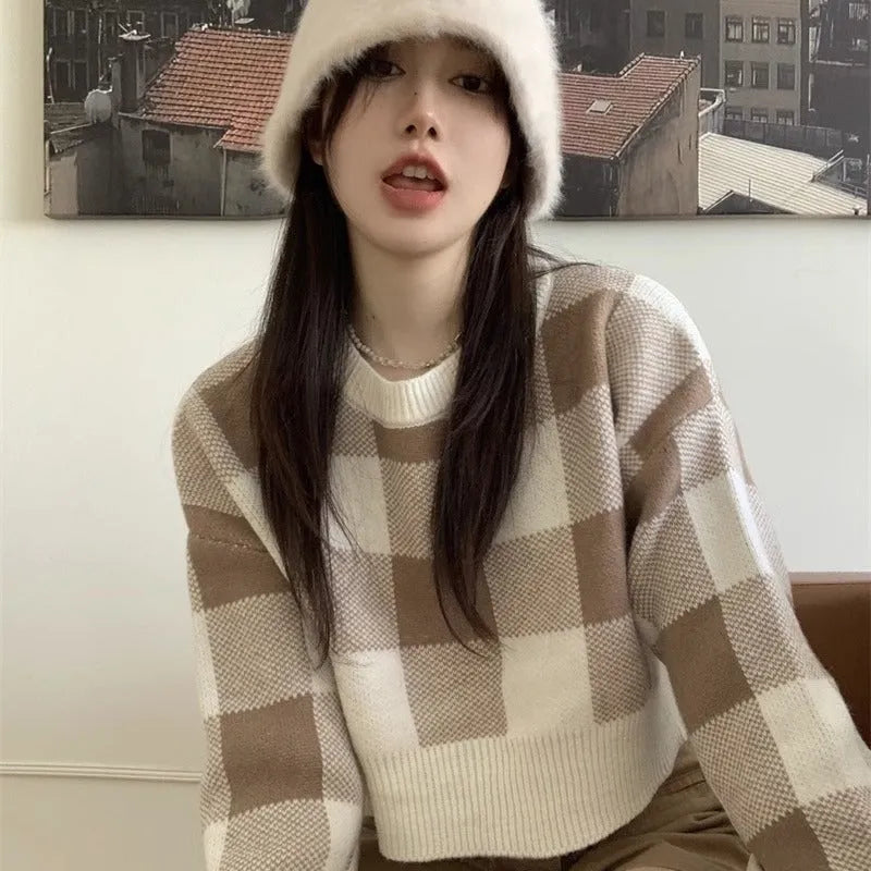 Women's plaid lattice short sweater pullover in black, blue, brown, sizes S-2XL, long sleeves, casual urban style