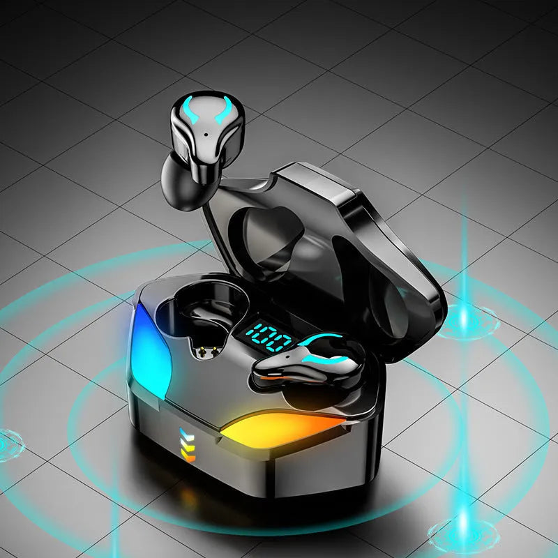 Black in-ear Bluetooth gaming headset for mobile e-sports with zero audio delay.