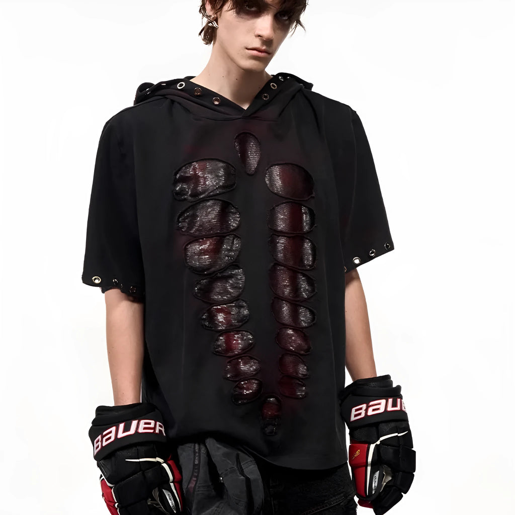 Black men's hooded T-shirt with sequin detailing and loose-fitting design