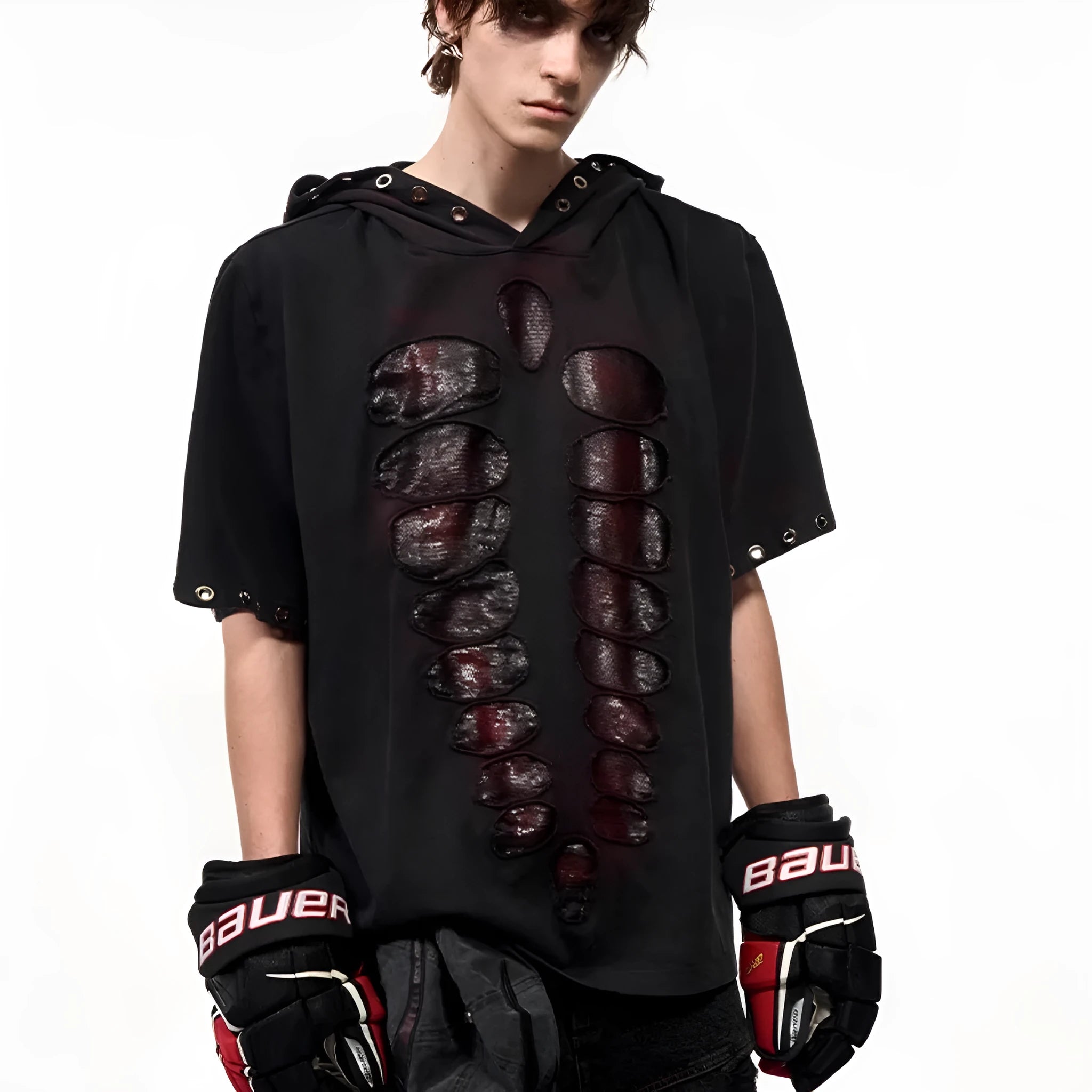 Black men's hooded T-shirt with sequin detailing and loose-fitting design