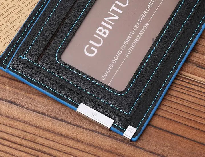 PU leather man wallet in black with blue edge, showing card slots and bill compartments