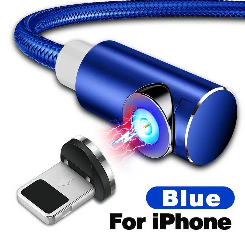 Black magnetic charging cable with L-shaped aluminium connectors and micro USB, Lightning, and Type-C magnetic plugs.