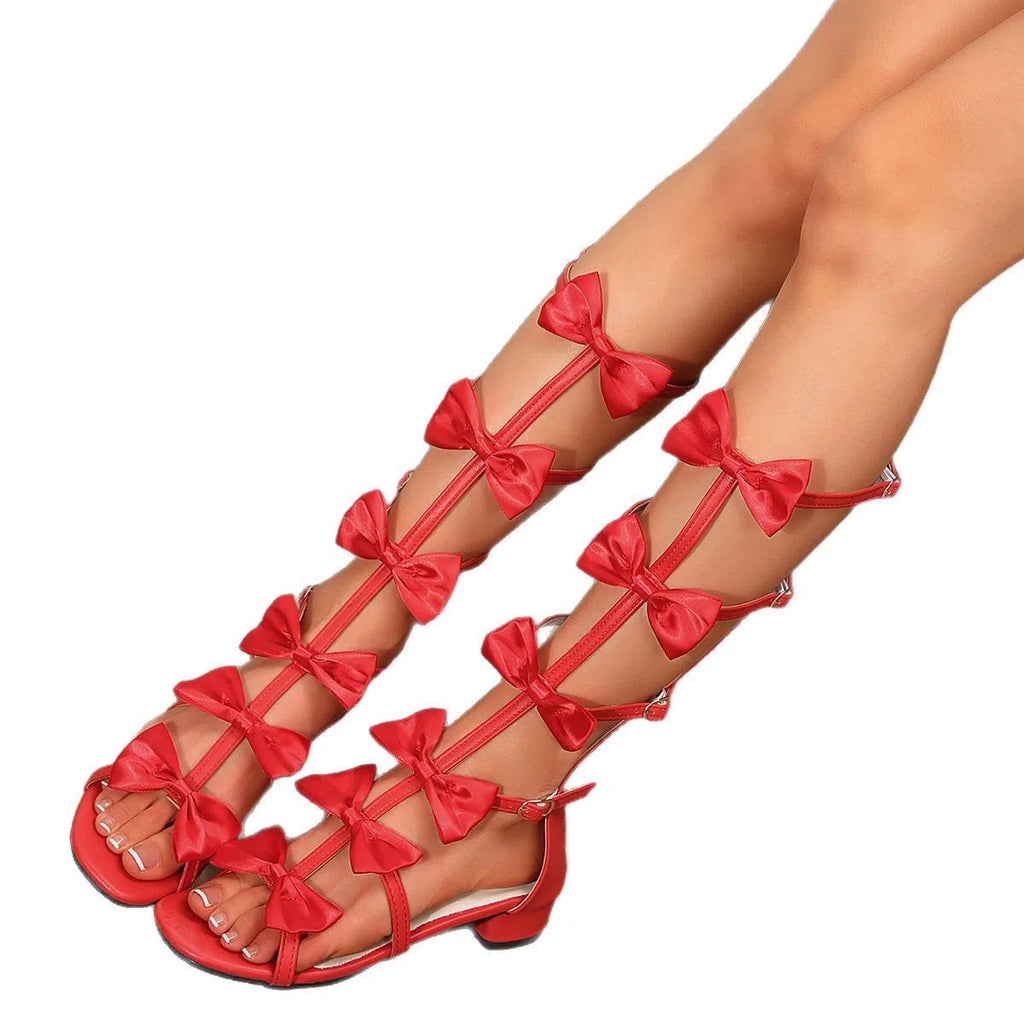 Fashionable square-heeled red over-the-knee sandals with bow and strap, back zipper closure, PU upper, square toe