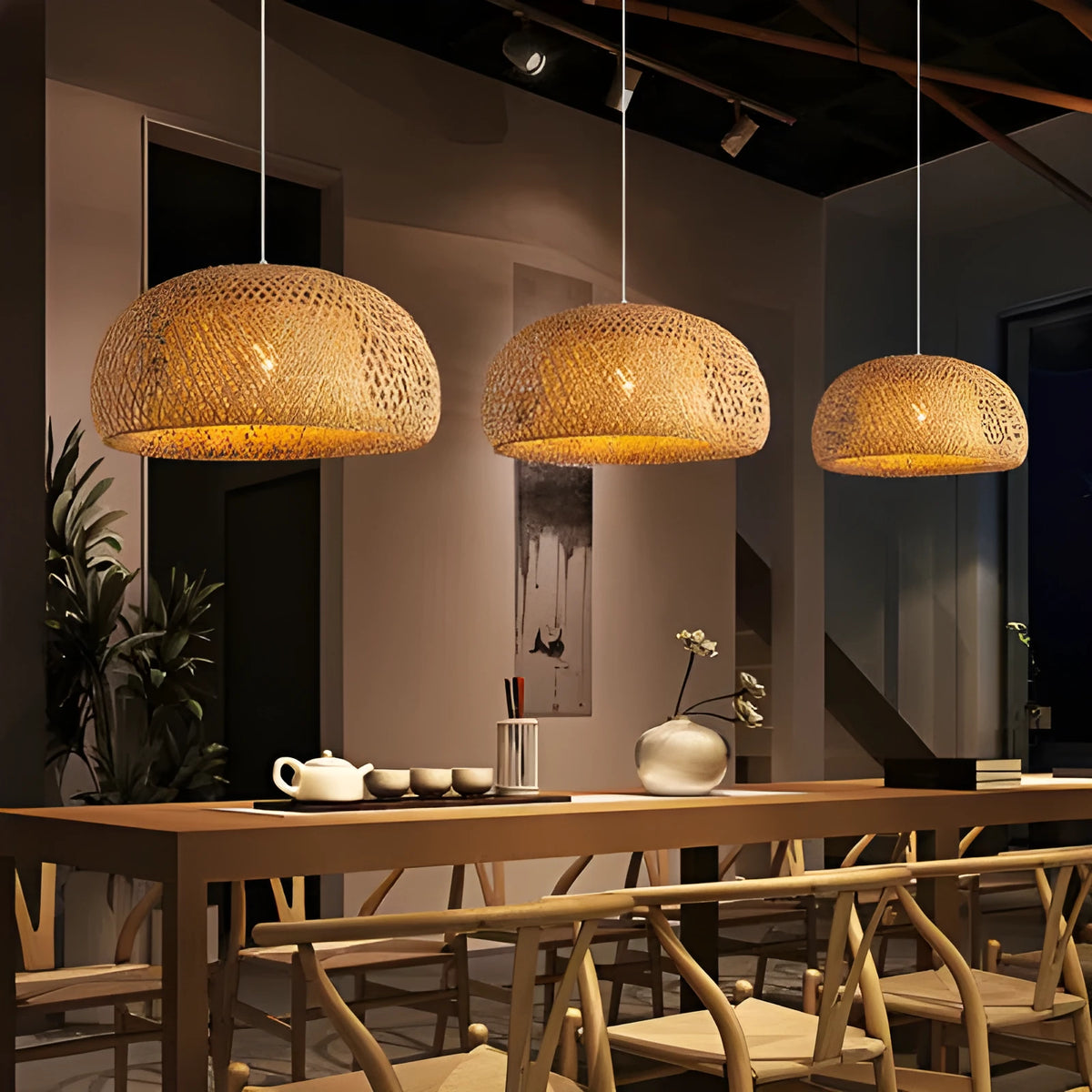 Brown bamboo woven chandelier with E27 fitting, 180 x 300mm ceiling droplight for tea room or restaurant