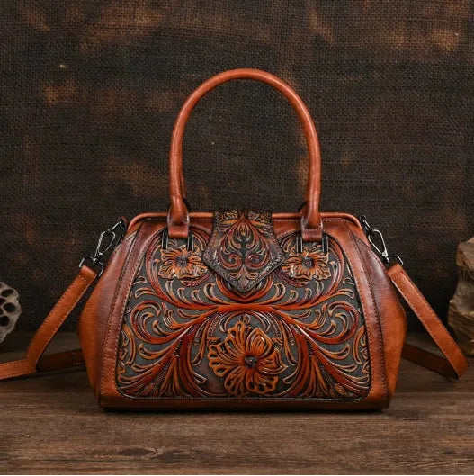 Handmade carved one-shoulder women's PU leather bag in beige with retro embossed pattern and pillow shape
