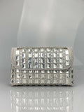 Glass rhinestone chain clutch handbag in horizontal square shape with retro styling and chain strap