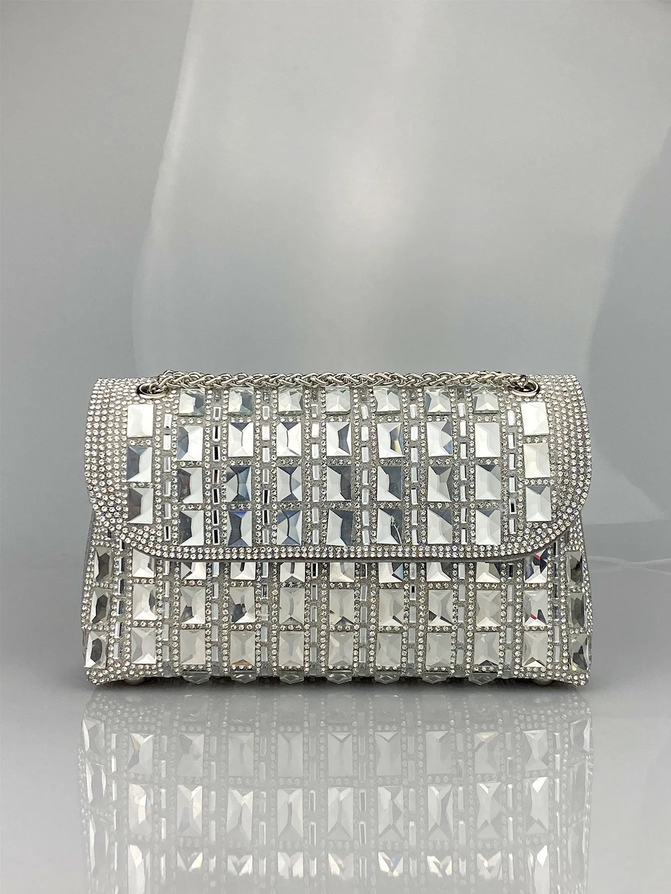 Glass rhinestone chain clutch handbag in horizontal square shape with retro styling and chain strap