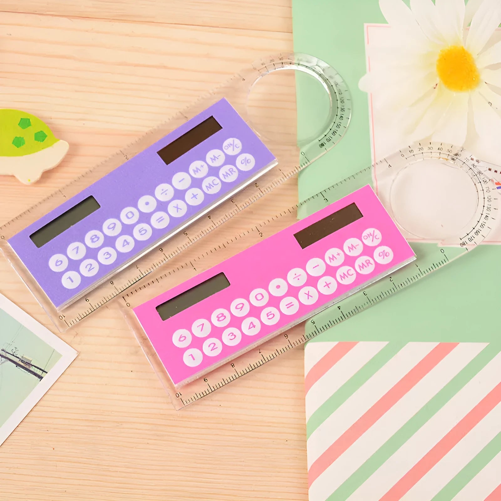 Ultra-thin transparent solar mini calculator with magnifier and ruler, 12.7 cm long