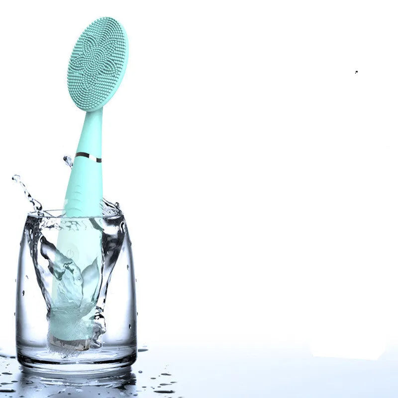 Blue and pink handheld silicone facial cleansing brush with 5 speeds, 8000 vibrations, IPX6 waterproof, and rechargeable 300mAh battery