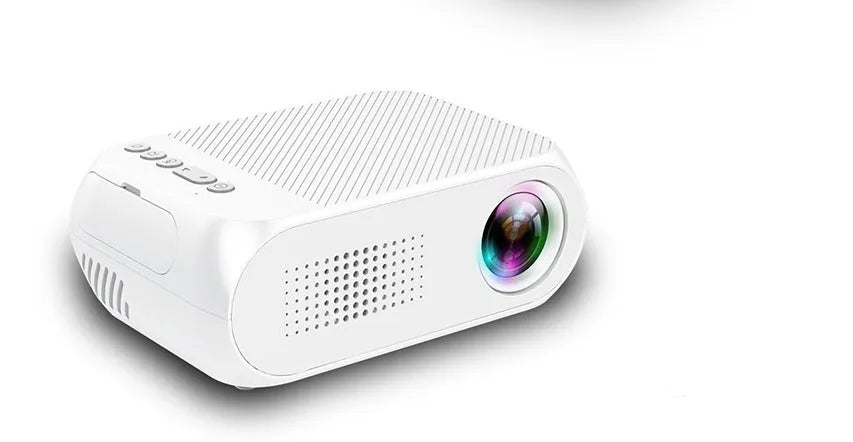 Mini HD 1080P projector with LED lens, 20-80 inch projection, black grey white, US EU style.