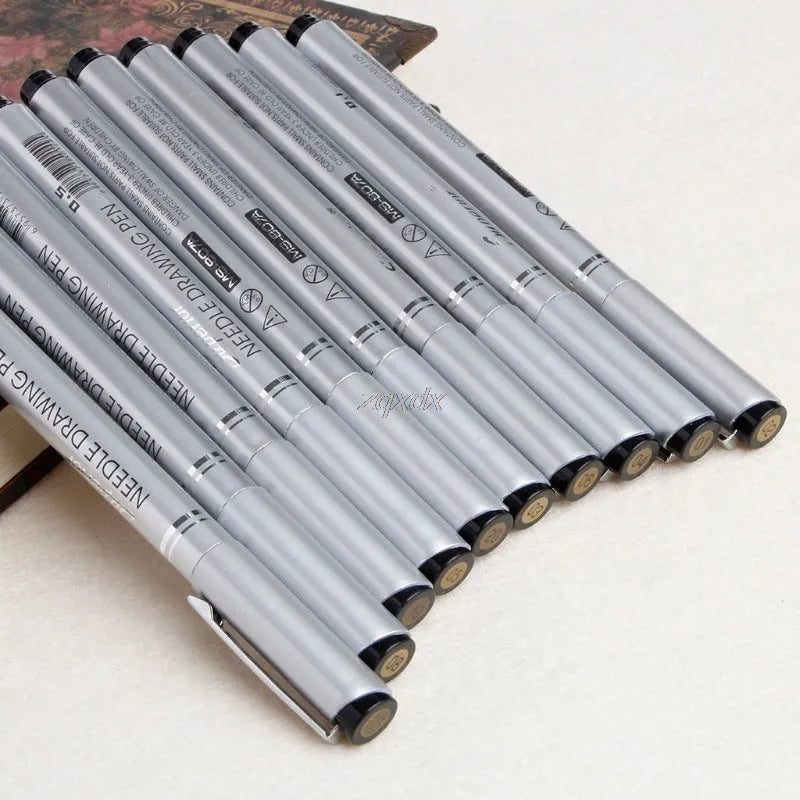 10-pieces fineliner drawing pen set with tip sizes 005 to 20, black ink, plastic body, waterproof pigment ink