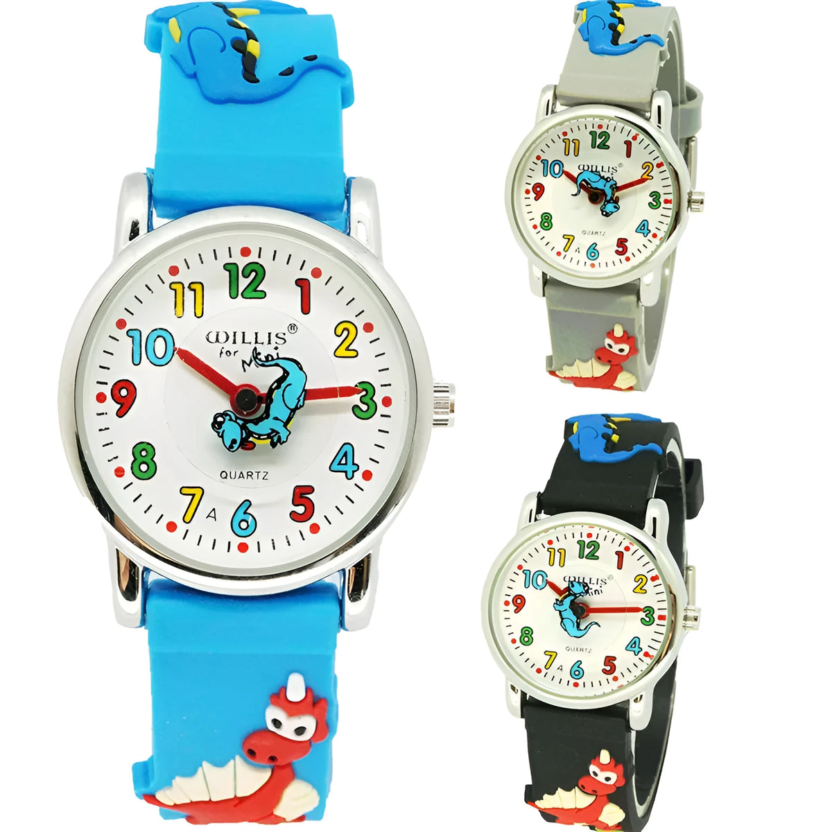 Children's dinosaur cartoon watch with round dial, PVC strap, available in multiple colours.