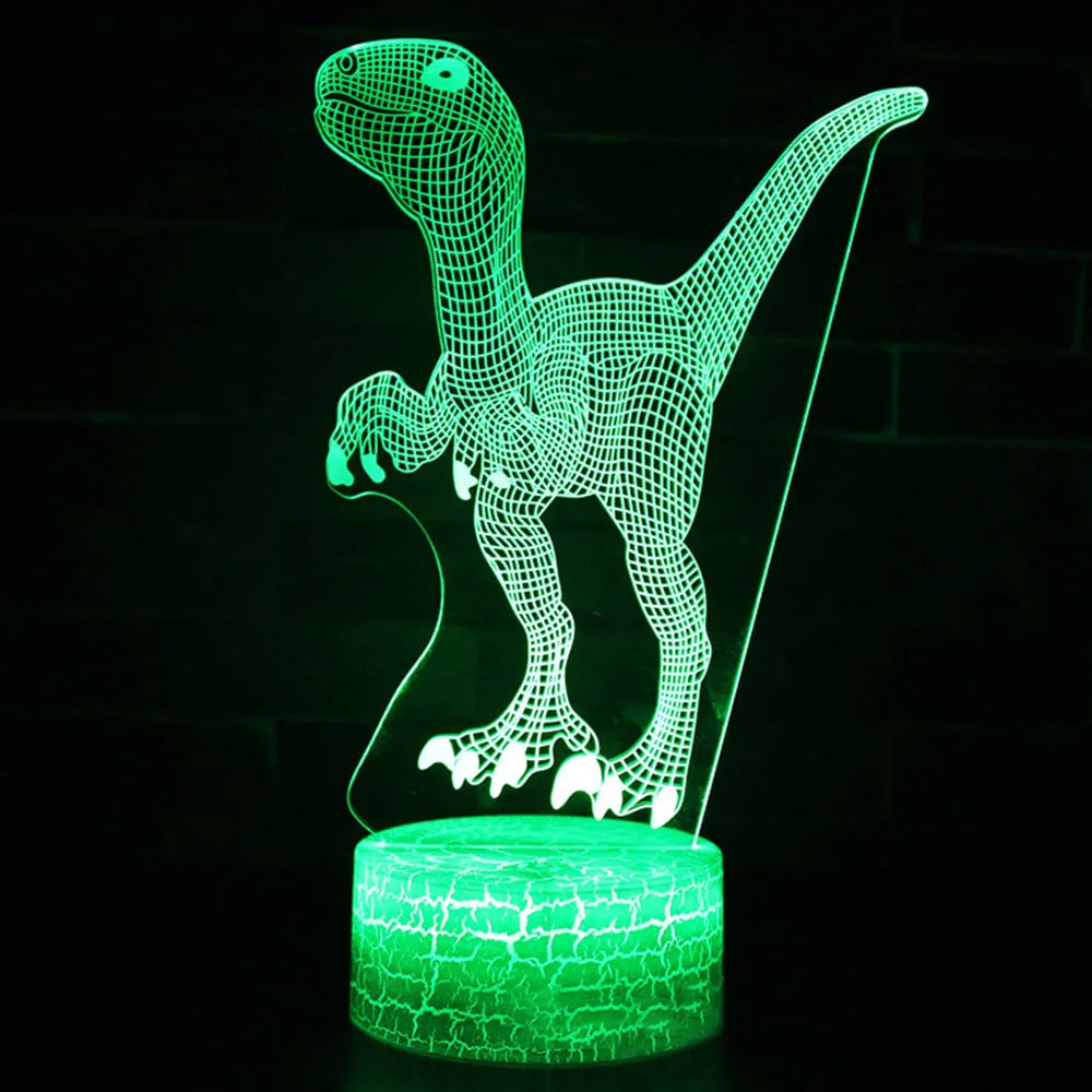 Colourful dinosaur 3D night light with remote control on a table