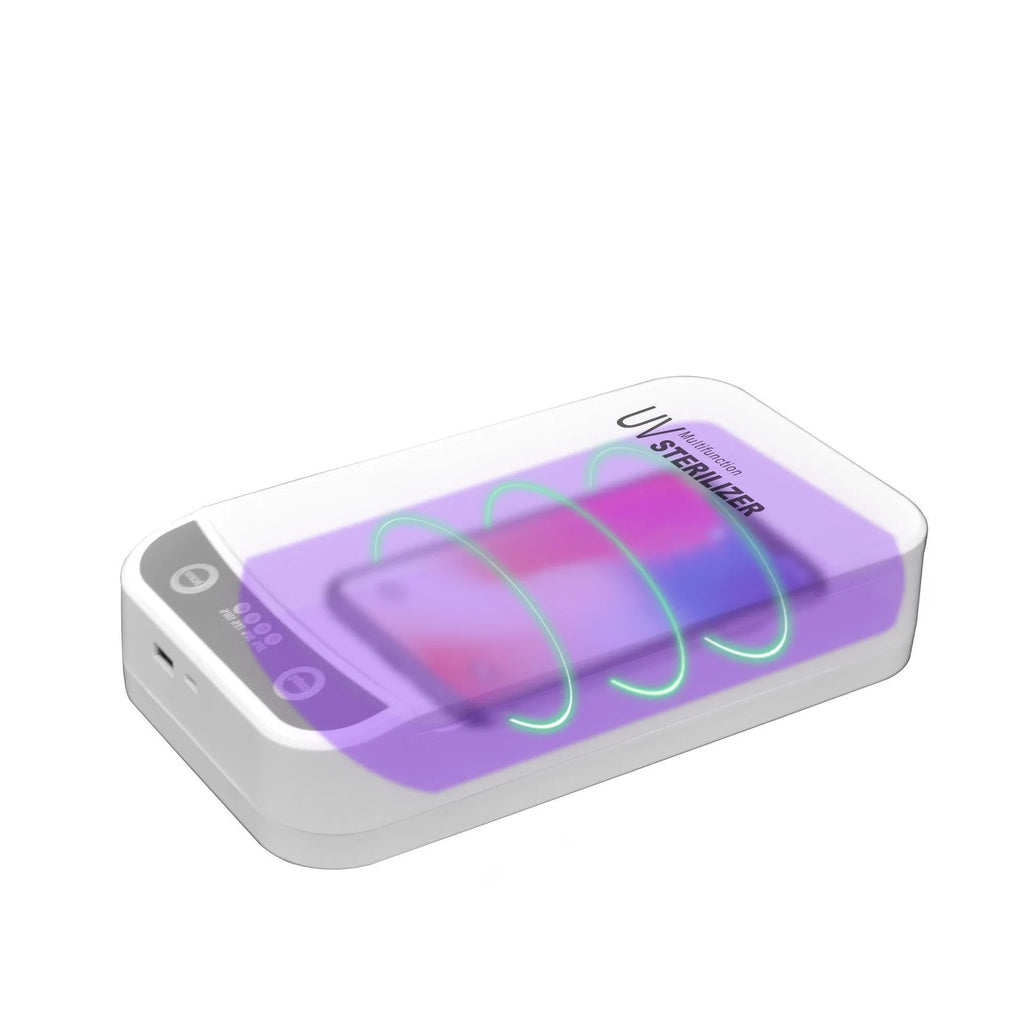 Compact white UV disinfection box with closed lid, showing scale next to a mobile phone.