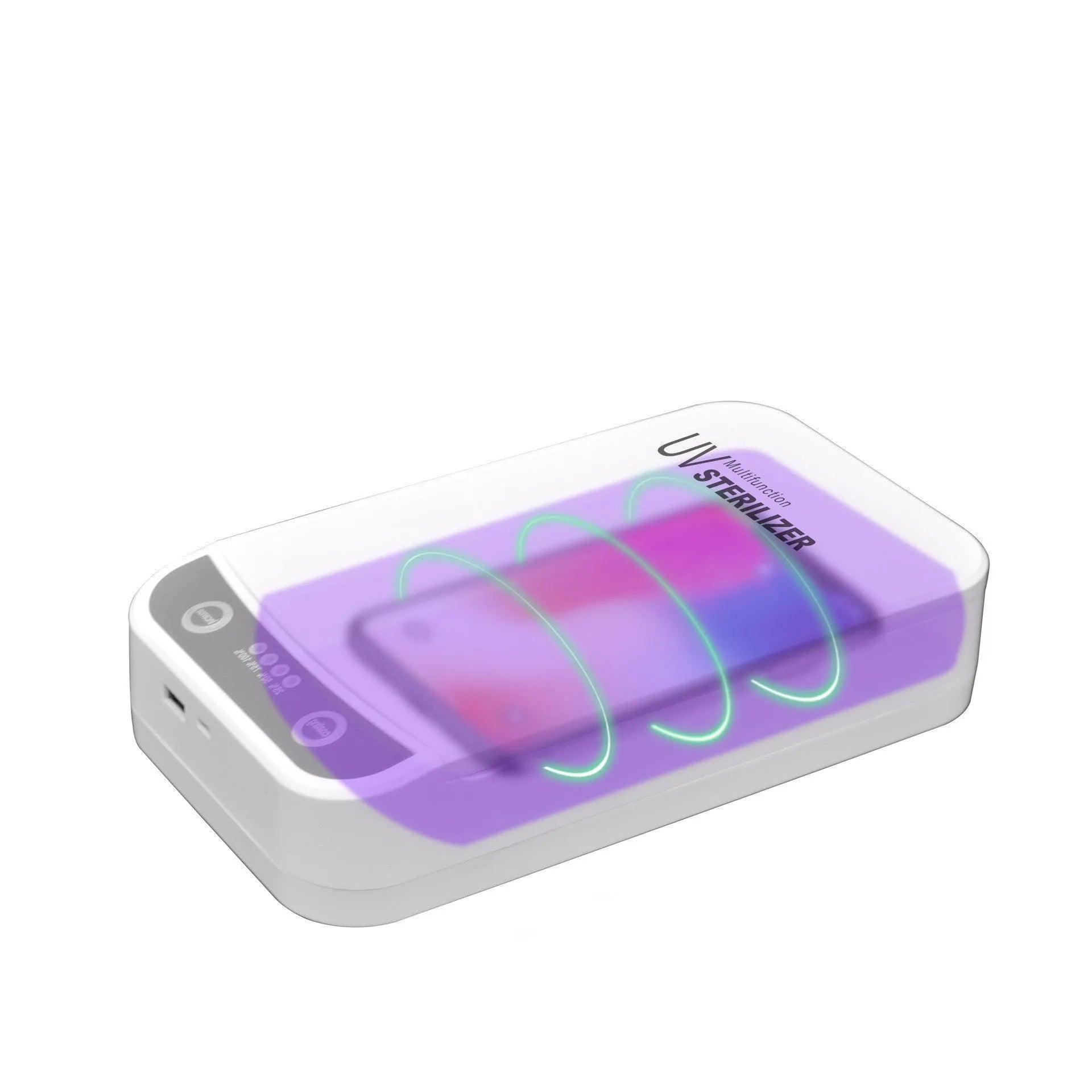 Compact white UV disinfection box with closed lid, showing scale next to a mobile phone.