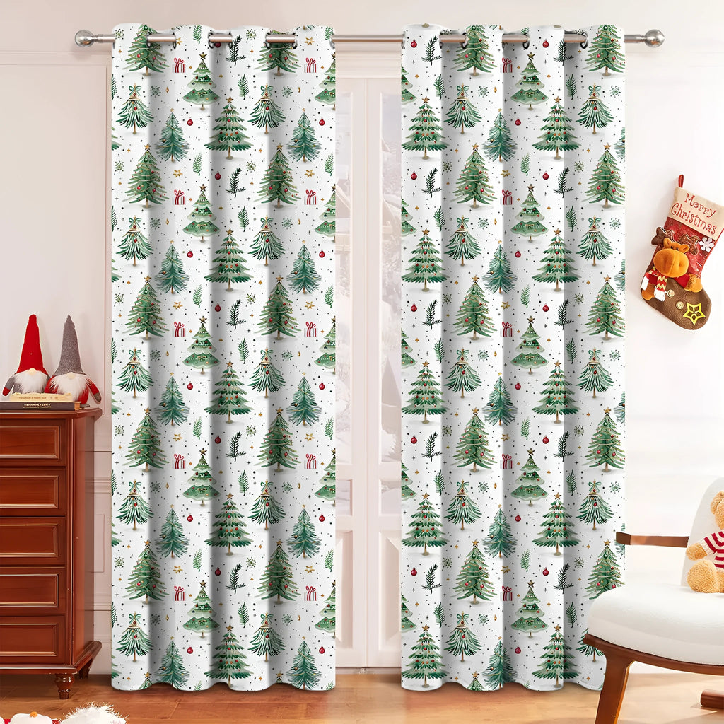 Polyester curtain with green Christmas Forest Punching pattern, shown hanging as a window treatment.