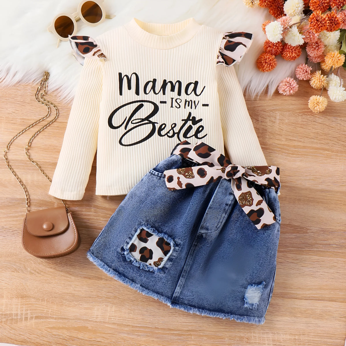 Girls' three-piece skirt suit in apricot with sunken stripe letter jacket and leopard patch denim skirt, sizes 4Y-7Y.