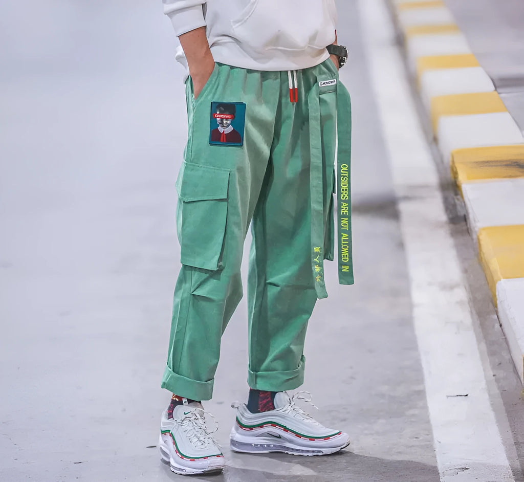 Influx men's Harajuku Hong Kong wind harem pants in black with loose straight-leg cut and waistband