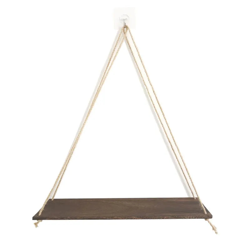 Wooden swing wall-mounted shelf in black or white, small 35cm or large 45cm, with twine cord and hooks for plants and crafts.