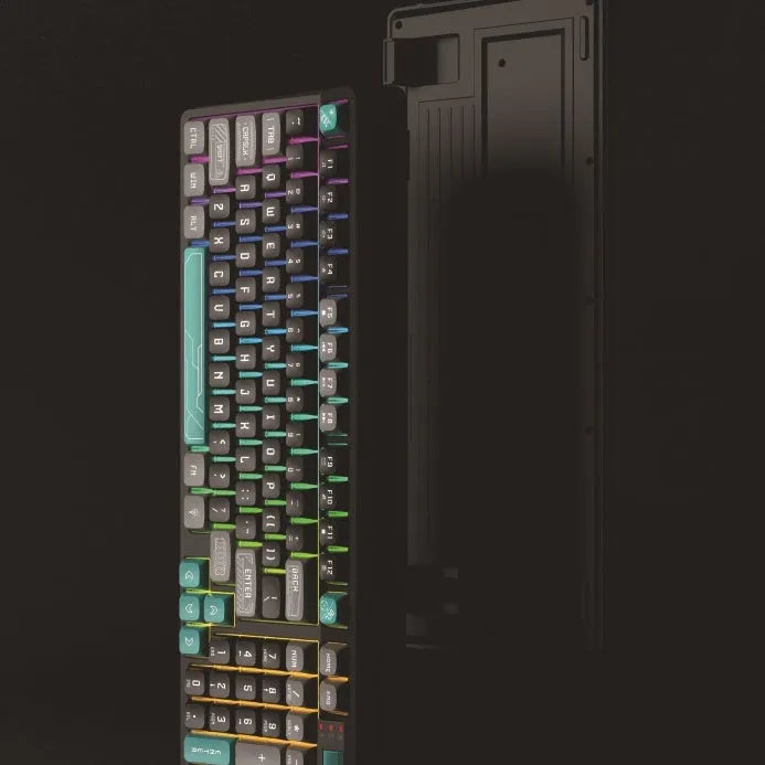 Colourful luminous ABS plastic desktop computer keyboard showing multi-colour key design.