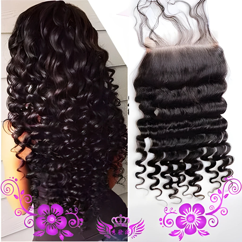 Deep wave full lace wig with hand-woven human hair and 4x4 closure, available in 8 to 20 inch lengths.