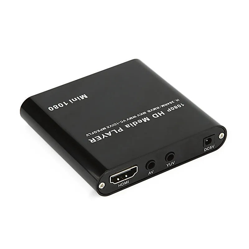 Compact blue or black all-metal 1080P media player with USB, SD card and HDMI ports