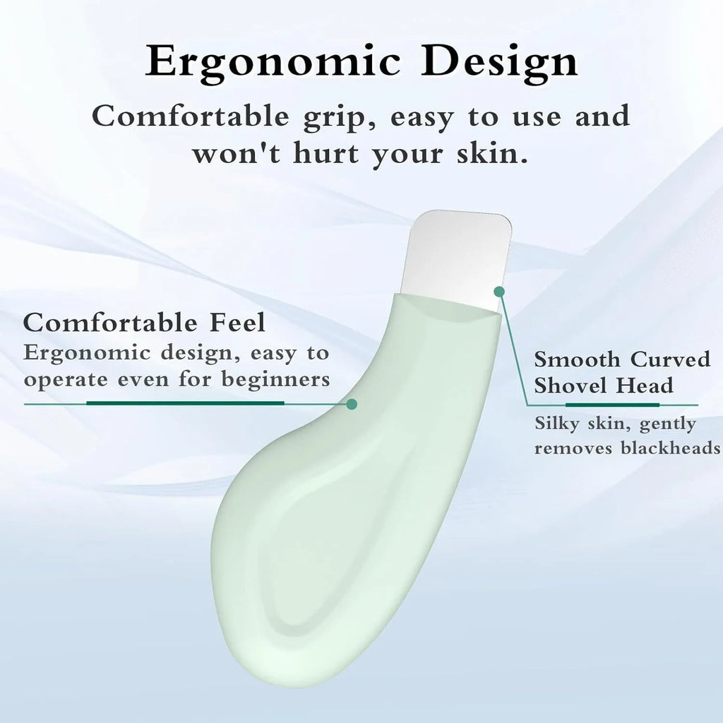 Stainless steel facial pore scraper tool with a green silicone non-slip handle on a white background.