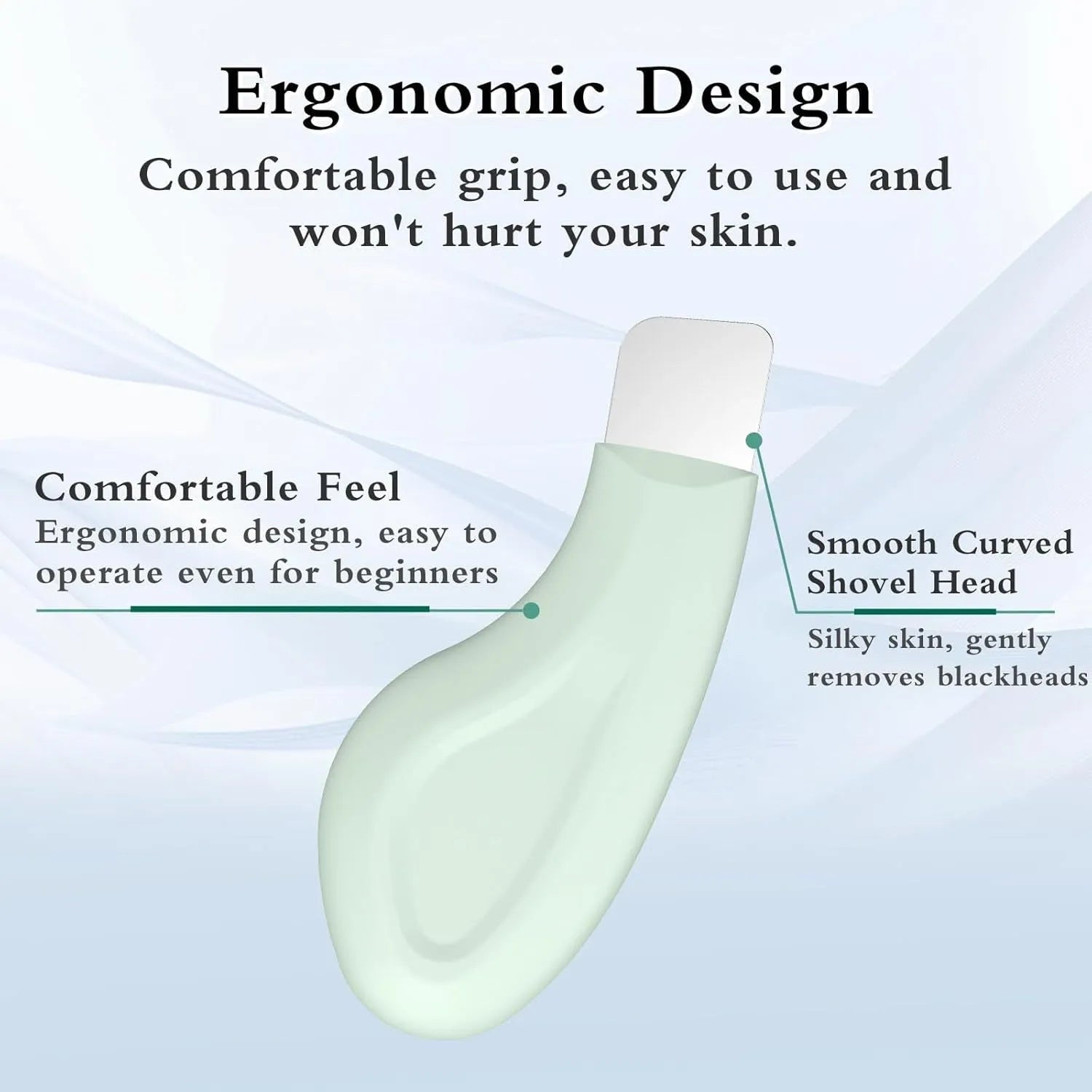 Stainless steel facial pore scraper tool with a green silicone non-slip handle on a white background.
