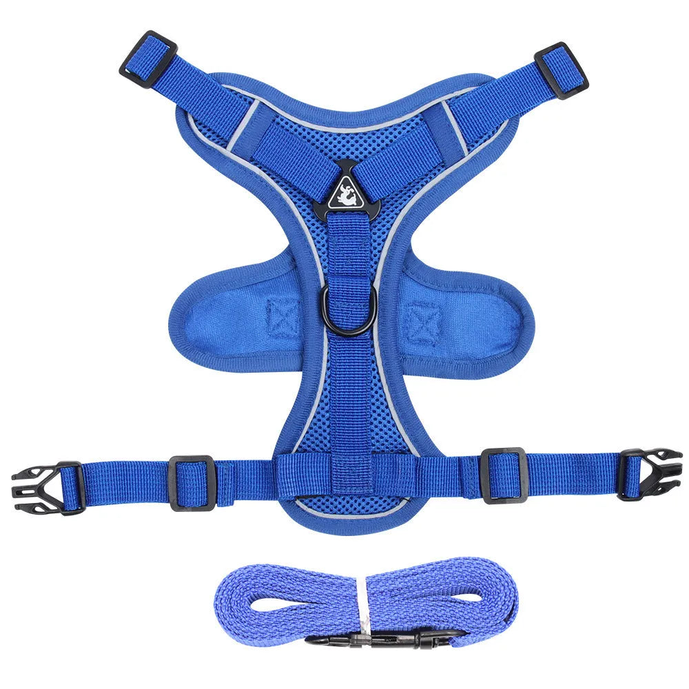 Blue adjustable mesh cat chest harness with leash and reflective strips