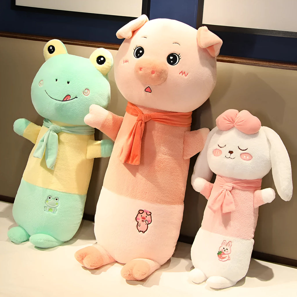 Cartoon animal long plush pillow in pig shape with embroidered face, 60cm length on sofa