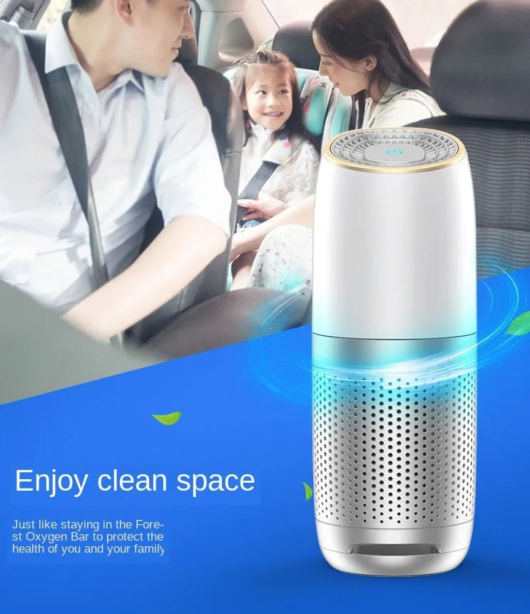 White car air purifier KQ-20 with HEPA and activated carbon filters, USB powered, cup holder design